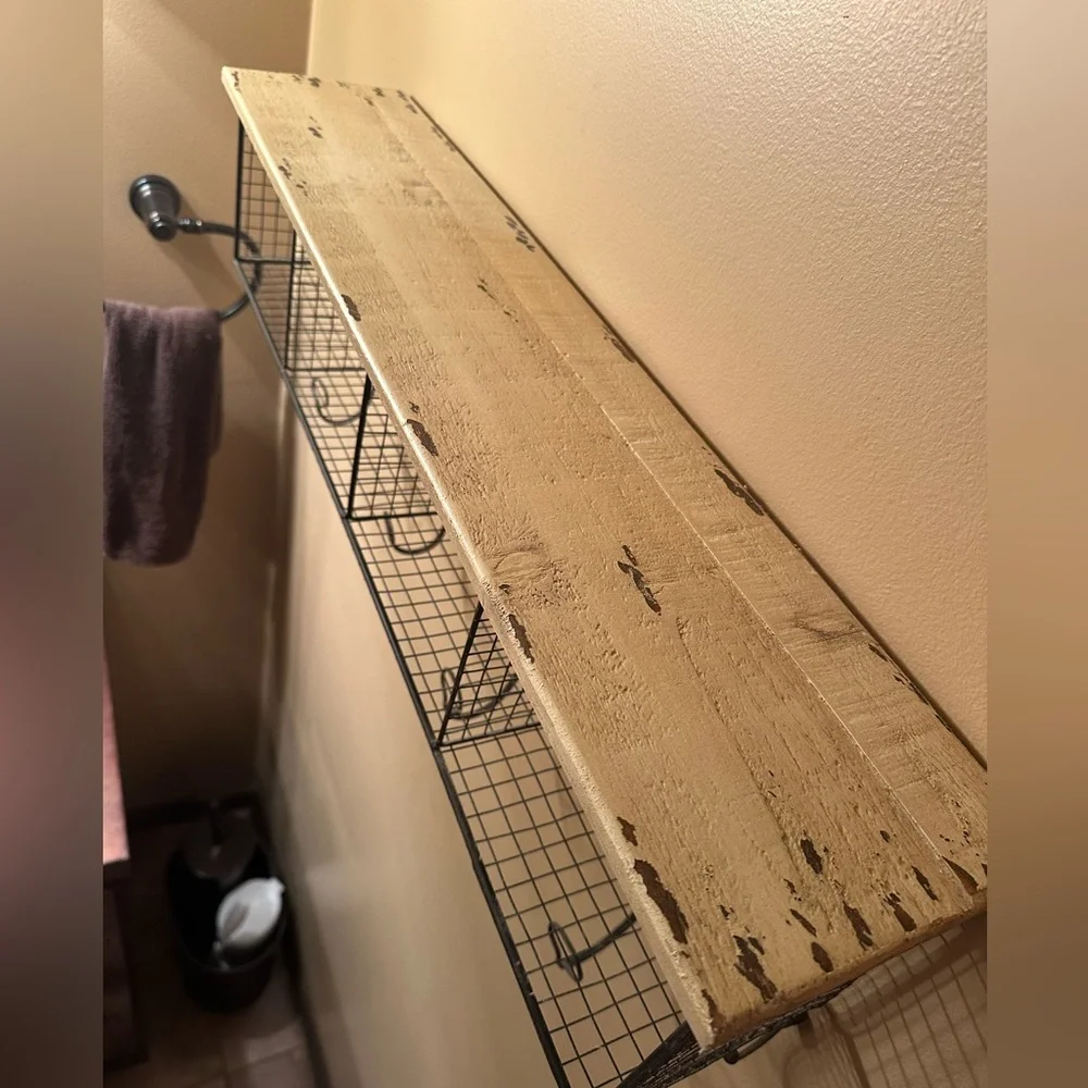 Vintage wood & metal shelf with cubbies and hooks
